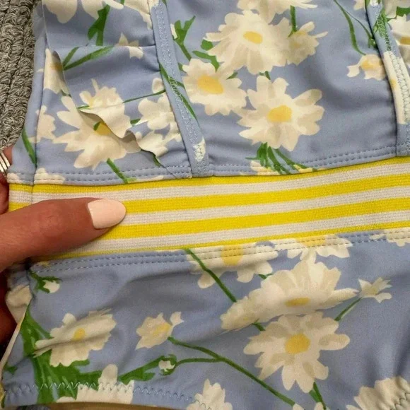 Shade Critters Floral Blue and Yellow One Piece Swimsuit Ruffle Sleeve - Picture 2 of 6